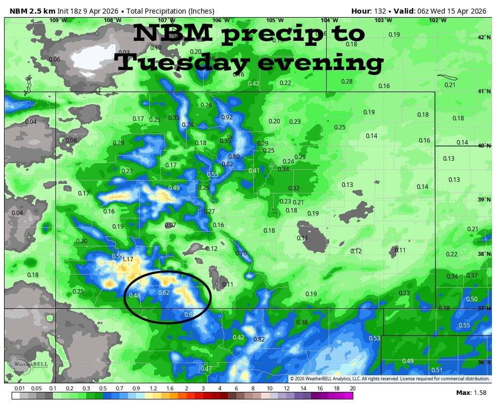 Two rounds of precip Friday night into Tuesday afternoon… 2 NBM precip to Tuesday evening (14 Apr) shows 0.62” near Pagosa and up to 1.00” near Wolf Creek Pass.Precip amounts are trending down.