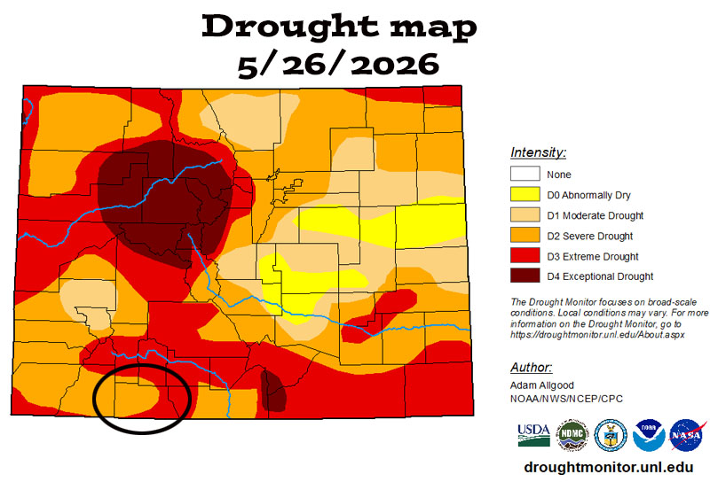 The current drought map shows Archuleta County split between "severe" and "extreme" drought conditions.