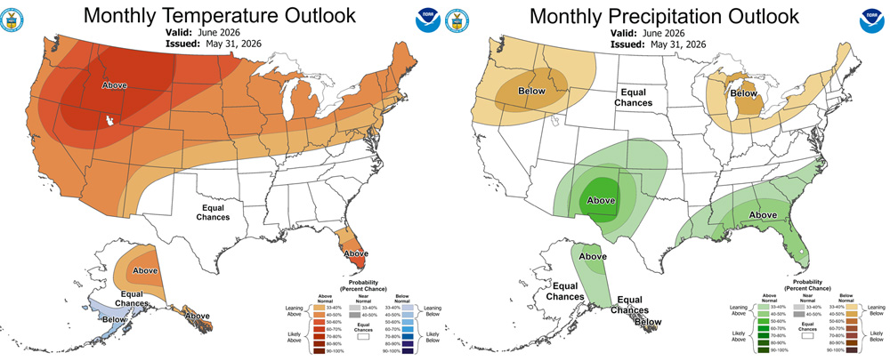 Pagosa Weather MAY SUMMARY & June Outlook 7 The CPC temp outlook for June on the left shows a 40-50% chance for above average temps. The precip outlook on the right shows a 33-40% chance for above average precip.