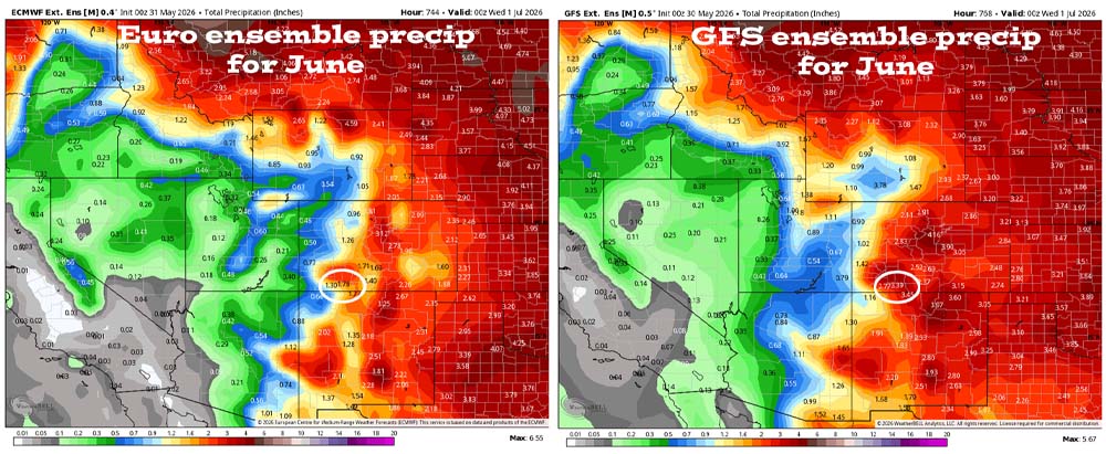 Pagosa Weather MAY SUMMARY & June Outlook 8 Euro ensemble precip on the left expects 1.78″ for June and the GFS ensemble precip on the right expects 3.39". Both models expect more than the average of 0.93″. May verification: The Euro expected 1.81" and the GFS expected 3.08". We only got 0.37" so both models way over-forecast precip.