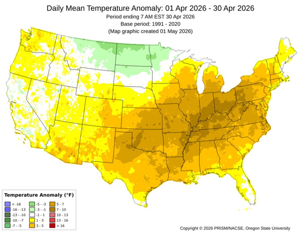 April mean temperature anomalies across much of Archuleta County were 1-3 degrees above average.