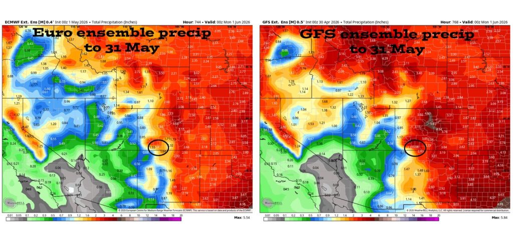 Euro ensemble precip on the left expects 1.81″ for May and the GFS ensemble precip on the right expects 3.08″. Both models expect much more than the average of 1.26″. Last month the Euro was around 0.50" to high and the GFS was around 1.20" to high.