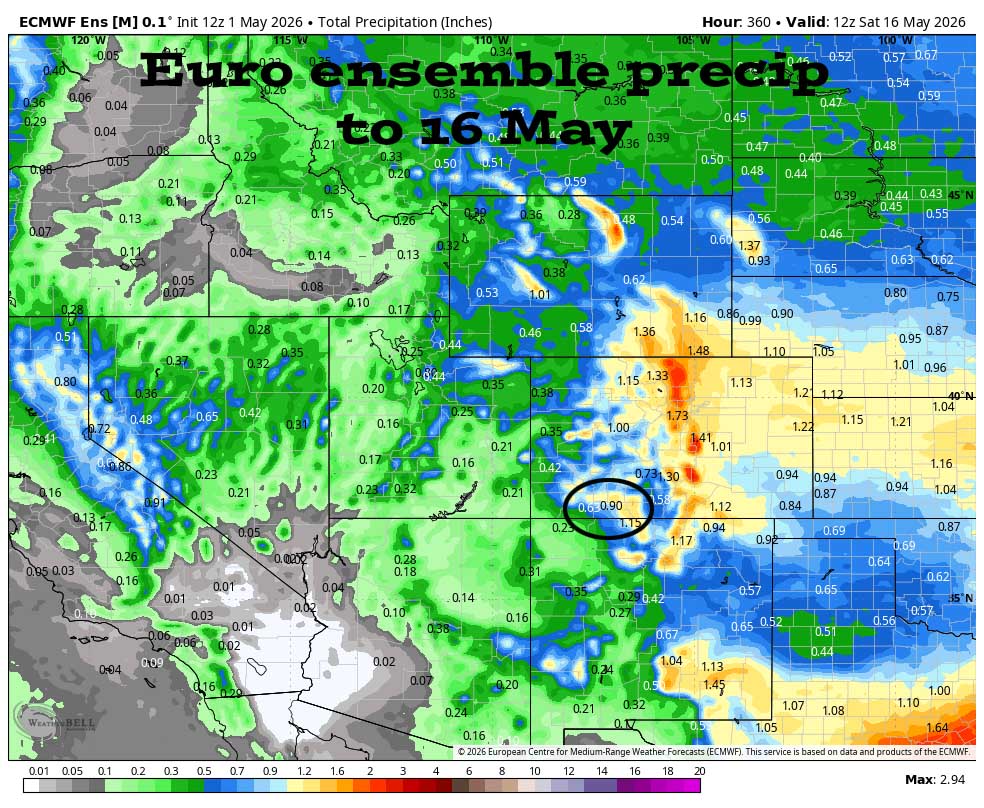 Scattered showers today and then a weak chance for a shower through Monday… 5 Euro ensemble precip to 16 May shows 0.90” in the Pagosa area. Precip amounts have trended up a little.