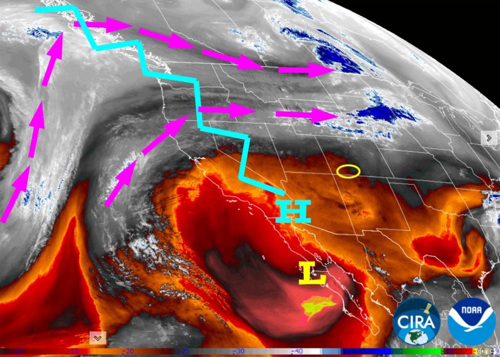 Maybe a shower Wednesday, but mostly dry for the next week… 1 Water vapor satellite Monday afternoon – Purple arrows indicate upper-level flow. The ridge, jagged blue line, will give us dry weather with above average temps through Wednesday morning. Wednesday afternoon the ridge will move to our east, and the atmosphere will be less stable leading to a few spotty showers.