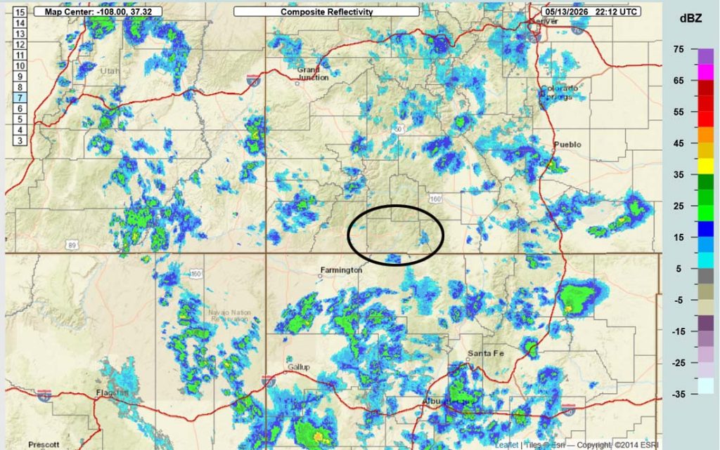 Gusty winds and increased fire danger Saturday, Sunday, and Monday… 2 Radar at 4:12pm Wednesday – It’s been pretty quiet over Archuleta County, but shower activity is increasing over the Four Corners region. These are mostly isolated light showers moving towards the northeast.