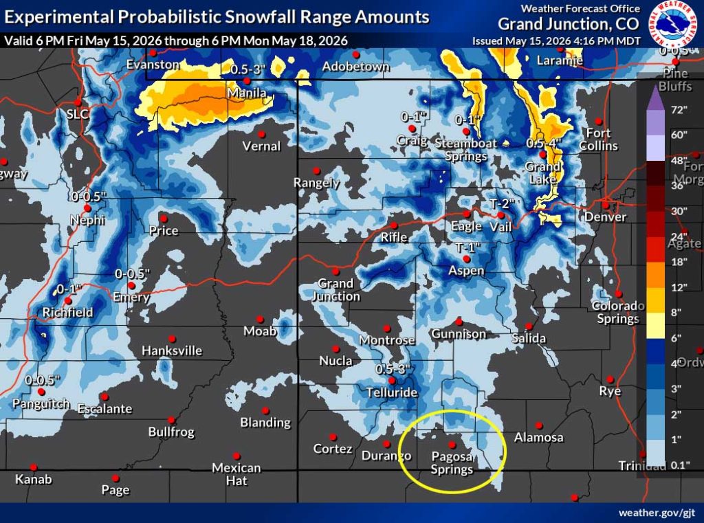 Gusty winds Saturday through Tuesday – a little precip Sunday night… 3 The NWS snow forecast shows 1-3” in the Wolf Creek Pass area.