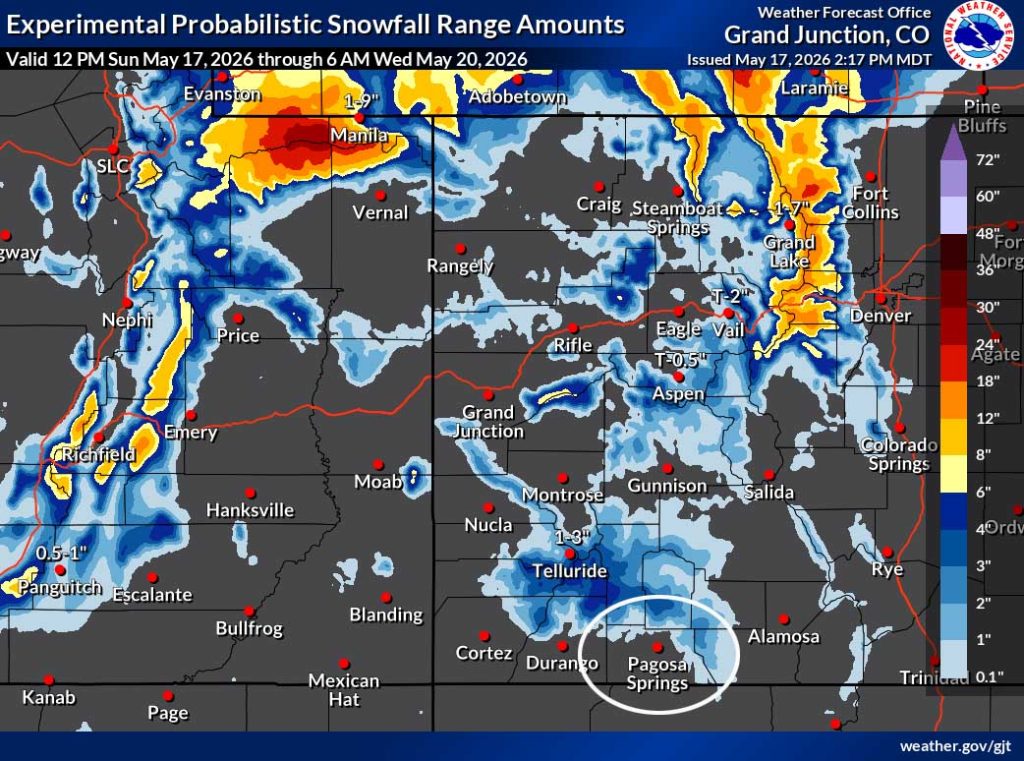 The NWS snow forecast shows 1-3” in the Wolf Creek Pass area.