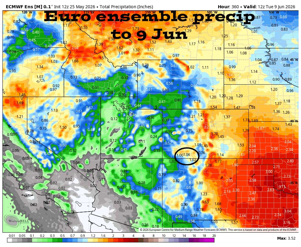 Euro ensemble precip to 9 Jun shows 1.06” in the Pagosa area. Precip amounts have trended up slightly.
