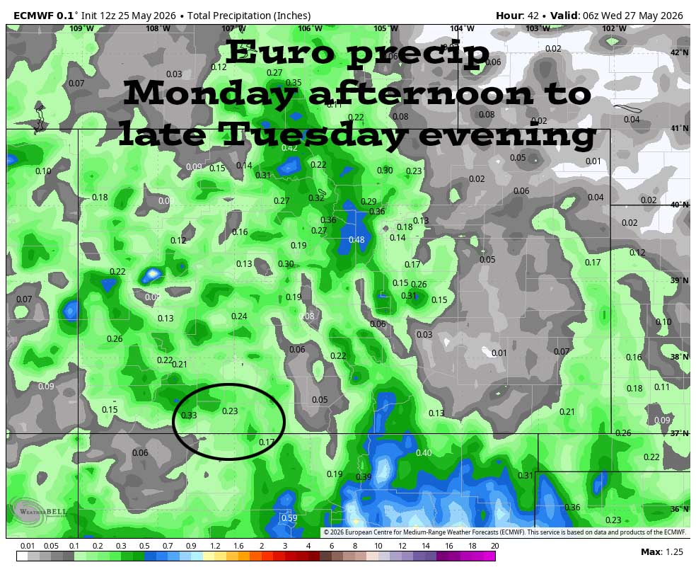 Euro precip to late Tuesday evening shows 0.23” near Pagosa and up to 0.40” in our mountains. This is from hit and miss showers and thunderstorms, so amounts will vary considerably.