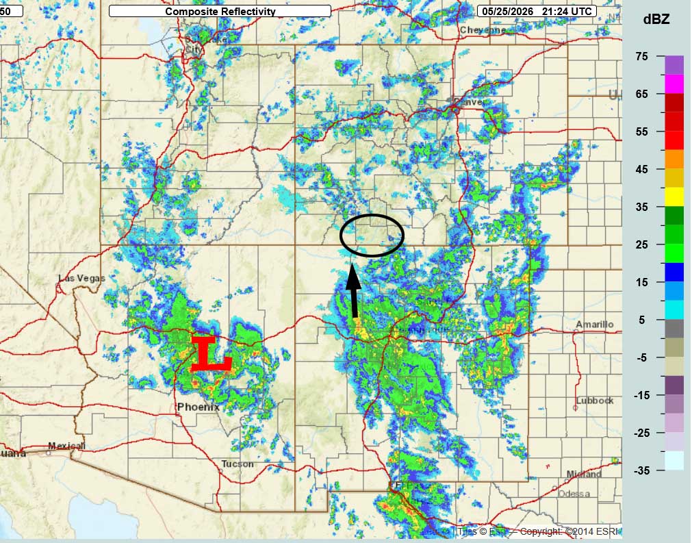 Radar at 3:24pm Monday – A few light showers have moved through our mountains. Shower activity will gradually increase through Monday evening.
