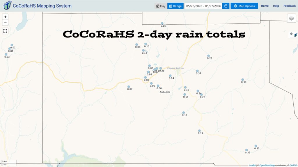Beautiful but breezy through the weekend… 1 CoCoRaHS 2-day rain totals range from 0.05” to 0.39”.