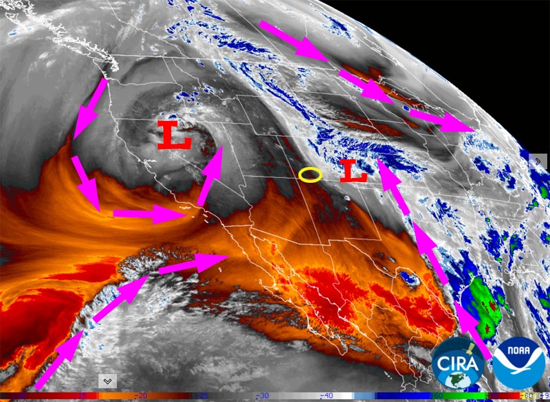 Beautiful but breezy through the weekend… 2 Water vapor satellite Wednesday afternoon – Yesterday’s storm is over southeast CO. Western CO has cleared out. The low over NV will move towards UT and then move north. It will be mostly a wind-producer for us.