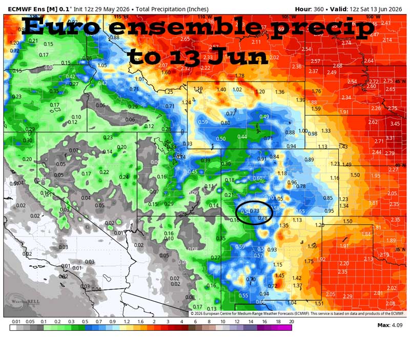 Euro ensemble precip to 13 Jun shows 0.73” in the Pagosa area. Precip amounts have stayed fairly steady.