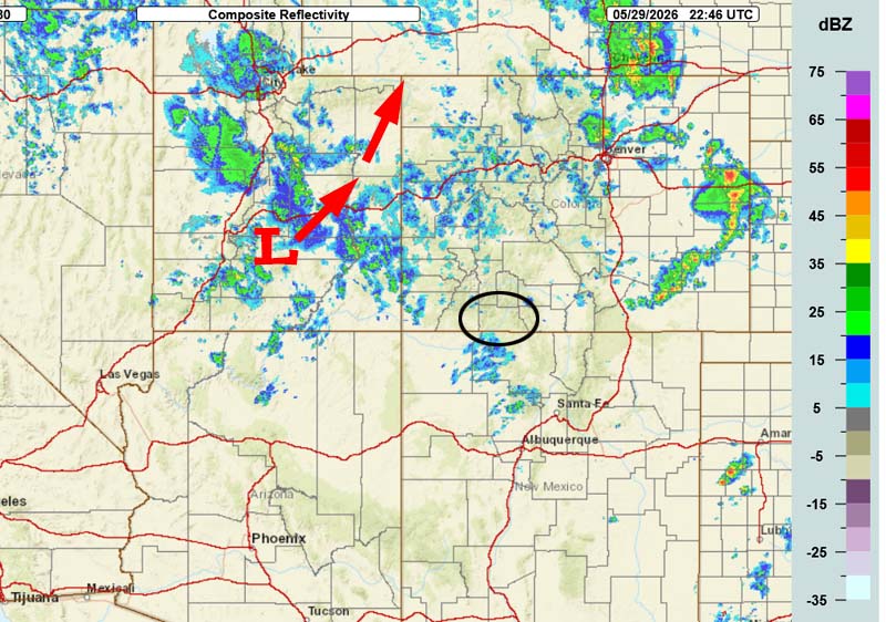 Radar at 4:46pm Friday – That’s mostly virga just south of Archuleta County. It will move north through the evening so hopefully it will develop more and drop a little rain in our area.  