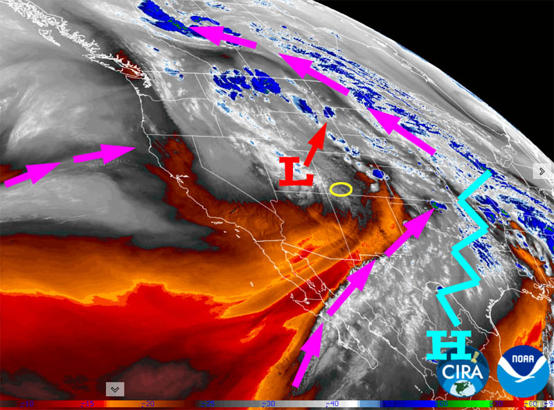 Water vapor satellite Friday afternoon – The low over UT will slide north along the UT/CO border. Unfortunately that’s not close enough to give us any precip. There is drier air behind the low and afternoon winds will remain gusty.