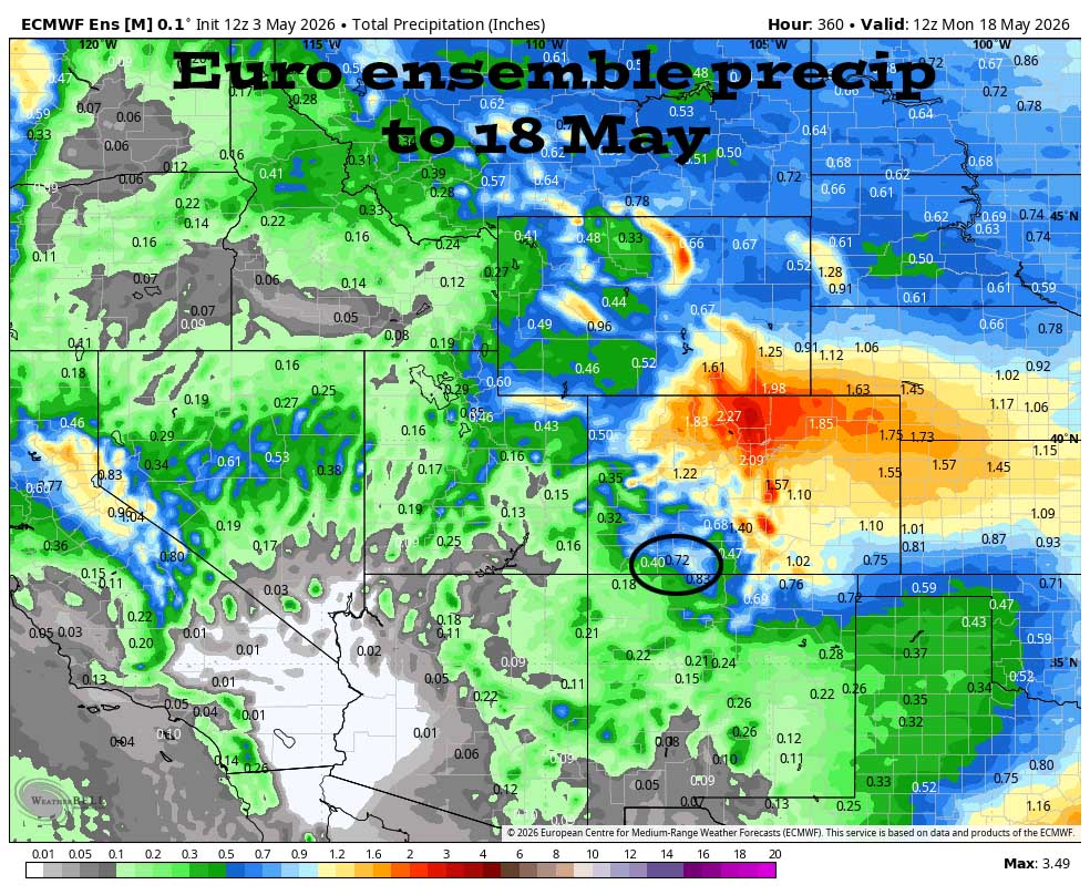 Scattered showers and thunderstorms Tuesday afternoon into Wednesday evening… 5 Euro AI ensemble precip to 18 May shows 0.72” in the Pagosa area. Precip amounts have trended down.