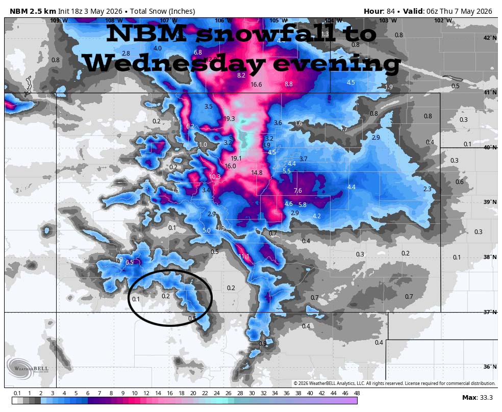 Scattered showers and thunderstorms Tuesday afternoon into Wednesday evening… 4 NWS snow forecast to 6pm Wednesday shows a few snowflakes in the Pagosa area and 2-4” near Wolf Creek Pass.