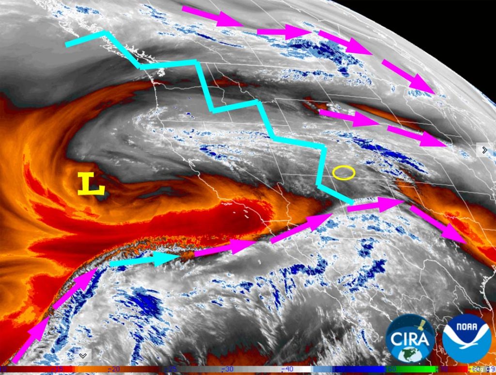 Scattered showers and thunderstorms Tuesday afternoon into Wednesday evening… 1 Water vapor satellite Sunday afternoon – The ridge, jagged blue line, will move through our area Monday. The low currently off the coast will slowly move through southern AZ and NM and a trough will move through our area from the north. This will give us a few showers Tuesday afternoon into Wednesday evening.