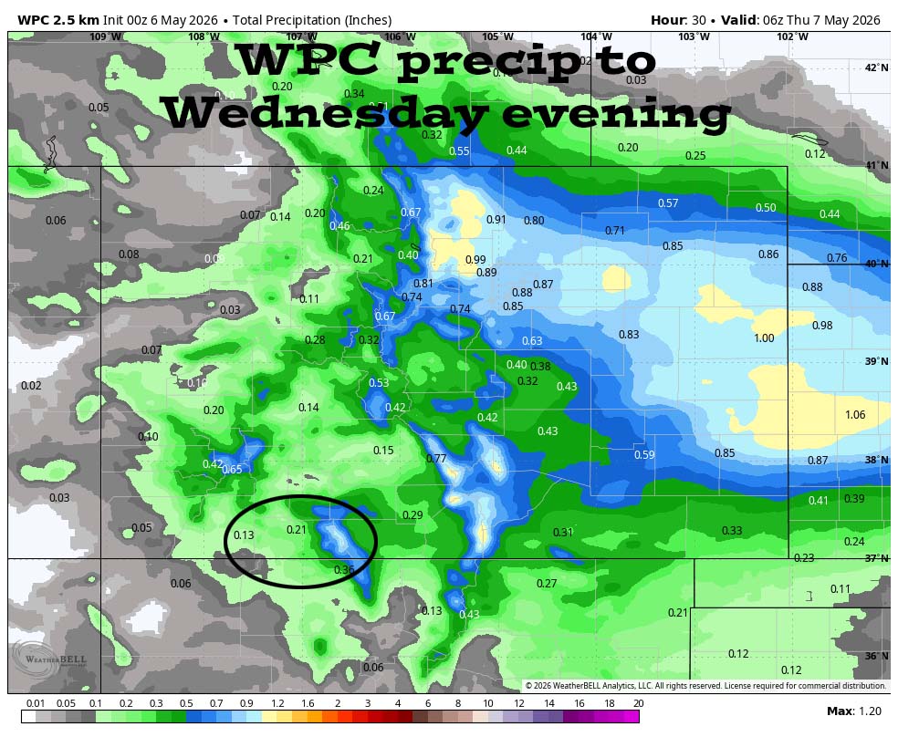 WPC rain to 6pm Wednesday shows 0.21” in the Pagosa area and up to 0.75” in the Wolf Creek Pass area.