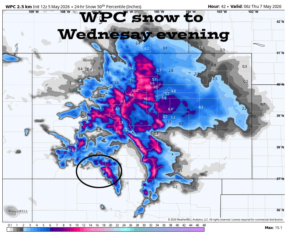 WPC snowfall to 6pm Wednesday shows a few snowflakes above 8,000ft in the Pagosa area and 5-10” near Wolf Creek Pass.