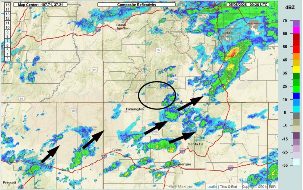 Radar at 6:36pm Tuesday – Showers are increasing over the mountains Tuesday evening and moving towards the northeast.