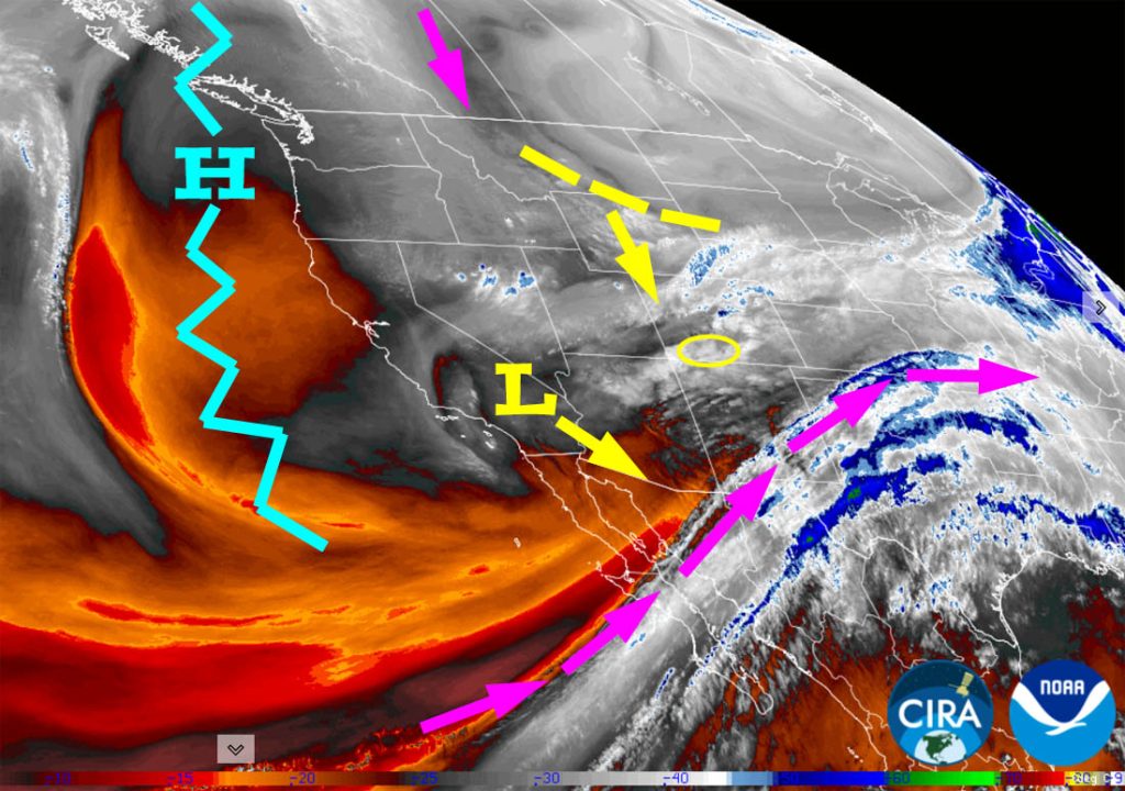 Water vapor satellite Tuesday evening – The low over southern CA will slowly sink farther southeast. The trough over WY and MT will move south through Colorado Wednesday.