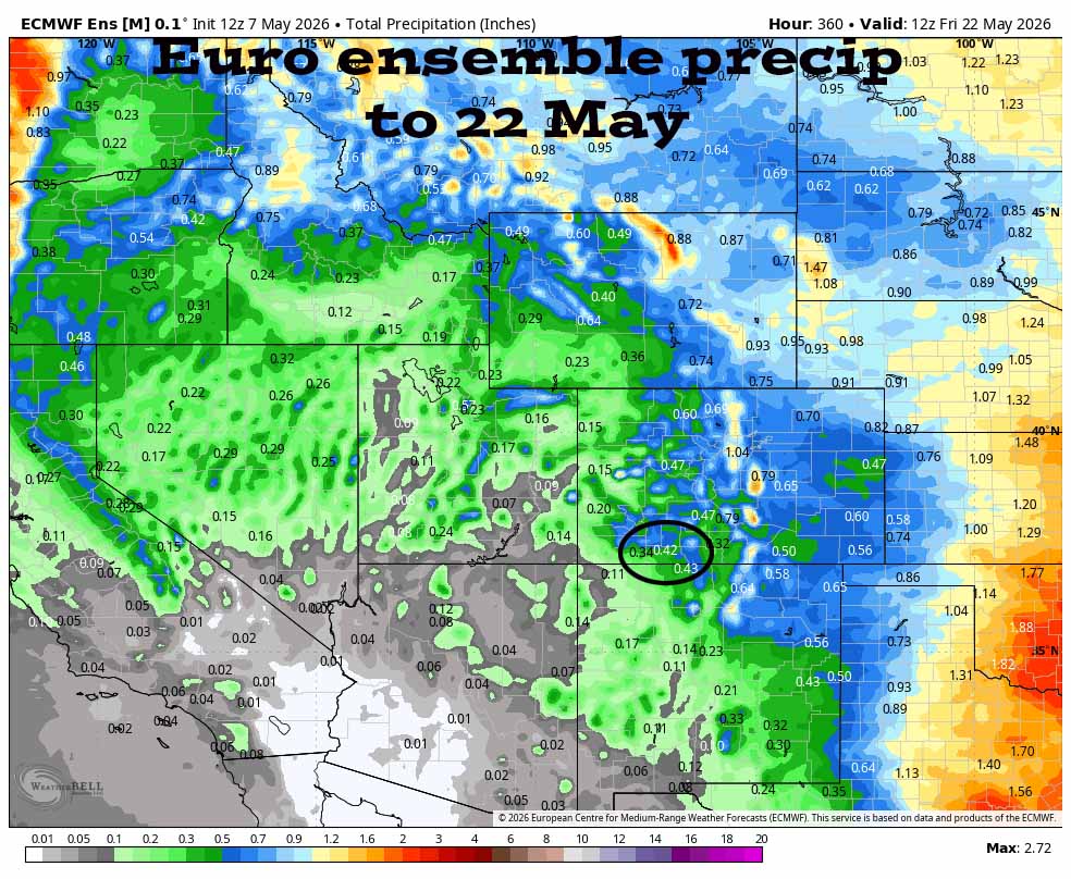 Mostly dry with pleasant temps and breezy afternoons… 4 Euro ensemble precip to 22 May shows 0.42” in the Pagosa area. Precip amounts are trending down.