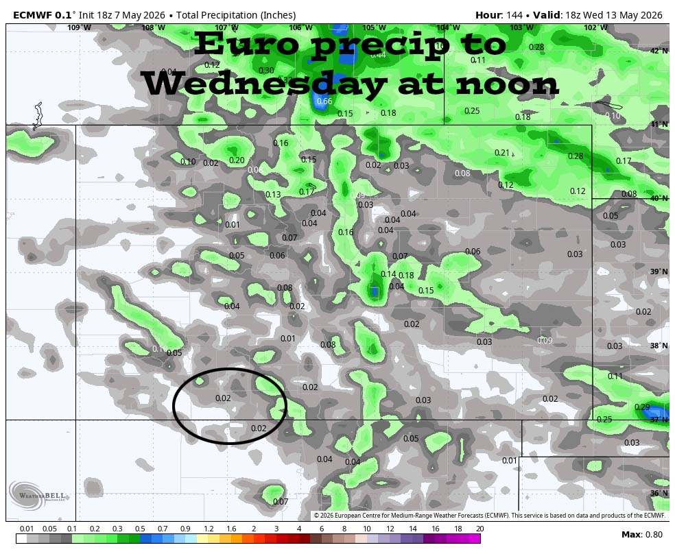 Mostly dry with pleasant temps and breezy afternoons… 3 NBM precip to Wednesday at noon shows 0.02” in the Pagosa area and up to 0.20” in our mountains. This is from very spotty light showers. I expect most of us to stay dry through this period.
