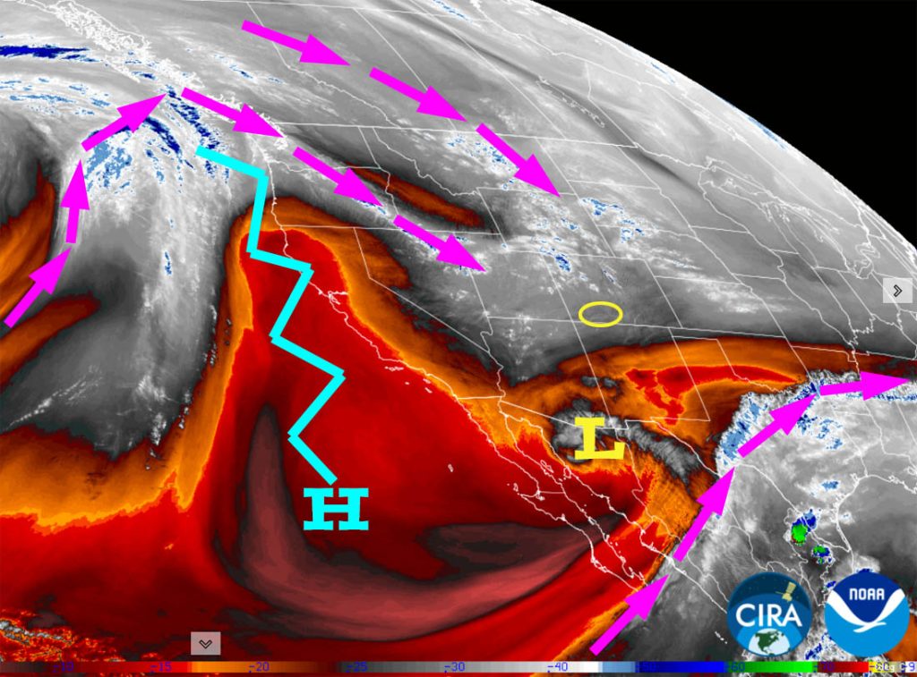 Mostly dry with pleasant temps and breezy afternoons… 2 Water vapor satellite Thursday evening – Purple arrows indicate upper-level flow. The ridge, jagged blue line off the coast, will be the main influence on our weather for the next 7-10 days.