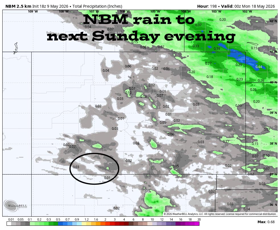 Great spring weather for a while… 3 NBM precip to next Wednesday evening shows up to 0.05” in the Pagosa area and up to 0.10” in our mountains. This is from very spotty light showers. I expect most of us to stay dry through this period.
