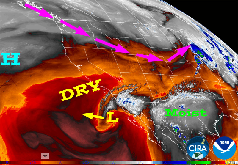 Critical fire weather through Friday – scattered showers and thunderstorms Sunday… 1 Water vapor satellite Thursday afternoon – Purple arrows indicate upper-level flow. The jet stream will push a little farther north this weekend which will allow some moisture to move in from the south. Moisture will peak in area Sunday afternoon into Sunday night.