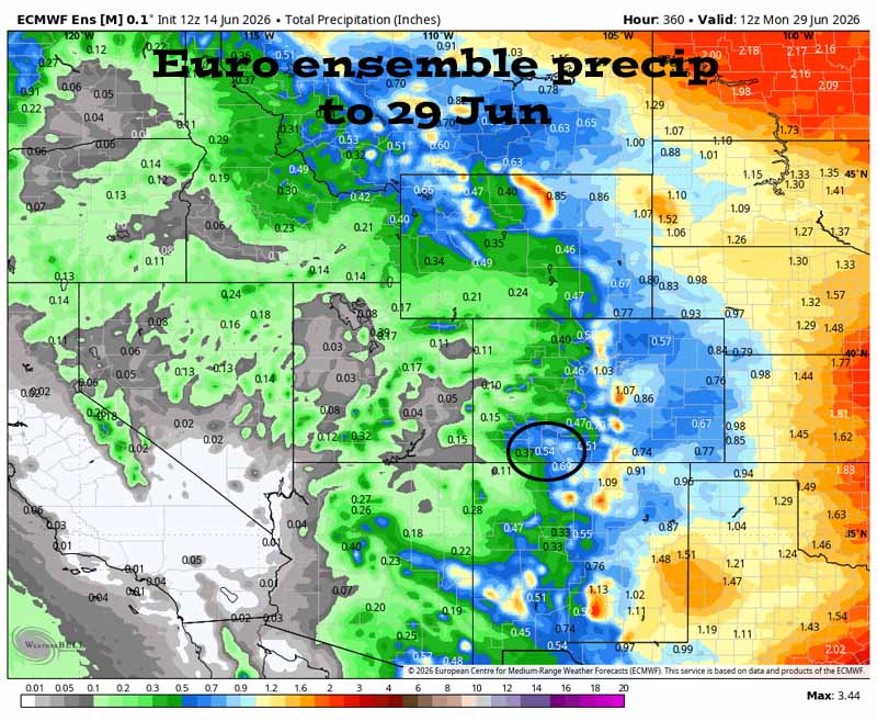 Spotty showers and thunderstorms today and tomorrow – mostly dry the rest of the week… 4 Euro ensemble precip to 29 Jun shows 0.54 ” in the Pagosa area. Precip amounts have trended slightly up.