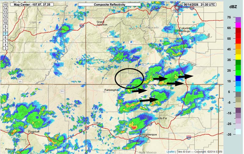Spotty showers and thunderstorms today and tomorrow – mostly dry the rest of the week… 2 Radar at 3:30pm Sunday – A band of scattered showers moved through parts of Archuleta County and is now to the east. We are currently in a lull. Showers and thunderstorms are moving towards the east.