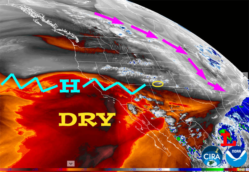 Dry, warm, and breezy for the next 10-14 days… 3 Water vapor satellite Tuesday afternoon – Purple arrows indicate upper-level flow. There is weak flow out of the northwest in our area. The ridge, jagged blue line, will keep us mostly dry and warm through the middle of next week.