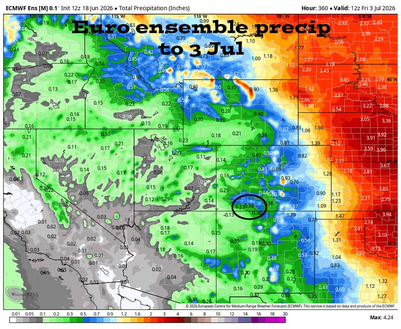 Spotty shower or thunderstorm Friday – FIRE WEATHER WATCH SATURDAY… 4 Euro ensemble precip to 3 Jul shows 0.38 ” in the Pagosa area. Precip amounts have trended up a little.