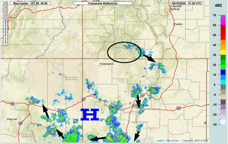 Spotty shower or thunderstorm Friday – FIRE WEATHER WATCH SATURDAY… 2 Radar at 3:46pm Thursday – There are few weak showers over our mountains moving slowly towards the southeast. Scattered showers and thunderstorms are moving slowly around the high over west-central NM.