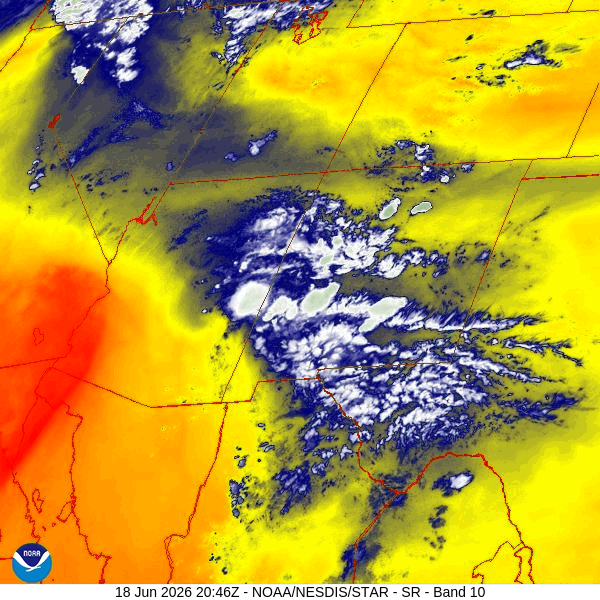 Spotty shower or thunderstorm Friday – FIRE WEATHER WATCH SATURDAY… 1 Water vapor satellite loop 2:46pm to 3:41pm Thursday – A little blob of moisture and instability over the San Juans. Most of the action is to our south and will move our way tomorrow.