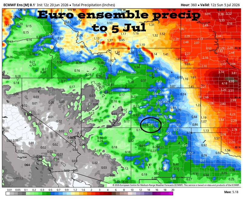Euro ensemble precip to 5 Jul shows 0.41 ” in the Pagosa area. Precip amounts have trended up a little bounced around over the last two days.