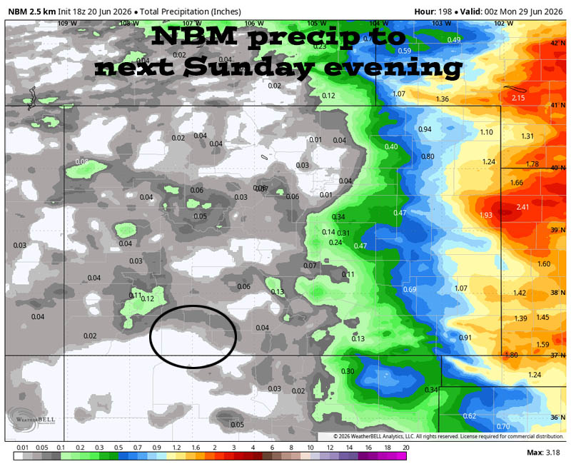 NBM precip to next Sunday evening shows none for Pagosa area and up to 0.10” in our mountains. In our area this is expected Thursday and Friday afternoons. It’s from scattered showers so amounts will vary considerably. The Euro model is more optimistic with 0.37” of rain for Pagosa.  Let’s go Euro!