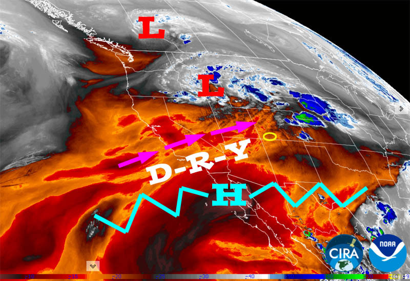 Water vapor satellite Saturday afternoon – Purple arrows indicate upper-level flow. The gradient is getting “pinched” between the low to our north and the high to our south and causing gusty winds and dry conditions across the Four Corners region. We are stuck with this pattern through Wednesday.