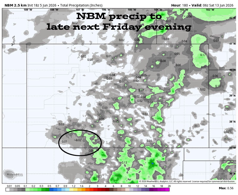 Increased fire danger next week… 4 NBM precip to late next Friday evening shows 0.02” near Pagosa Springs and up to 0.25” in our mountains.