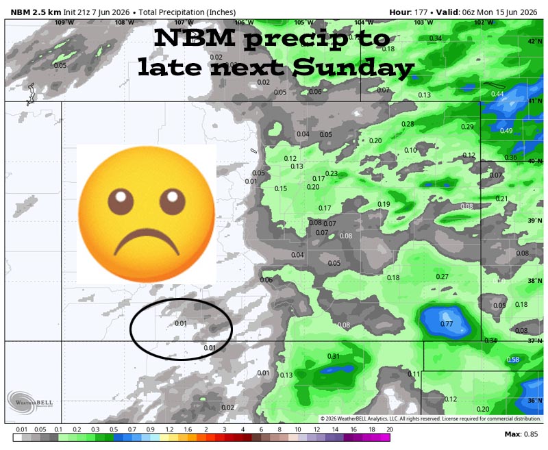 Critical fire weather… 3 NBM precip to late next Sunday evening shows 0.01” near Pagosa Springs and up to 0.10” in our mountains.