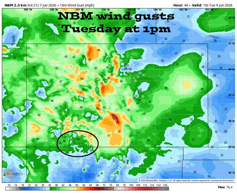 Critical fire weather… 2 NBM wind gusts Wednesday at noon shows 38mph near Pagosa and 50-55mph in our mountains.