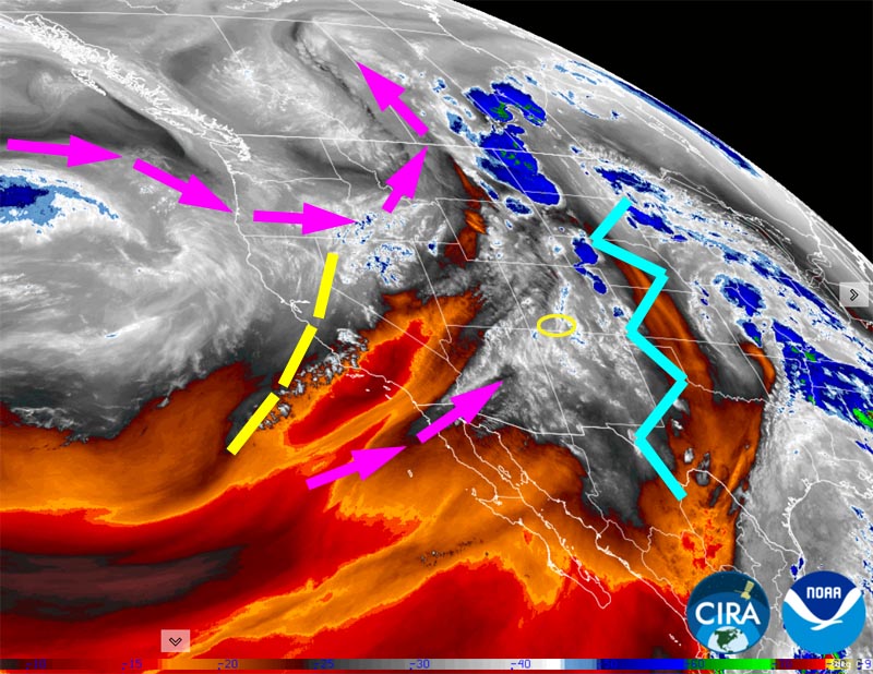 Critical fire weather… 1 Water vapor satellite Sunday evening – Purple arrows indicate upper level flow. The ridge, jagged blue line, has moved to our east. The pressure gradient between the trough along the CA coast and the ridge will tighten and bring gusty winds across the region.