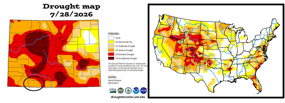 Drought conditions improved a little for some of Archuleta County during July.
The US drought map on the right shows that much of the US is experiencing drought conditions.