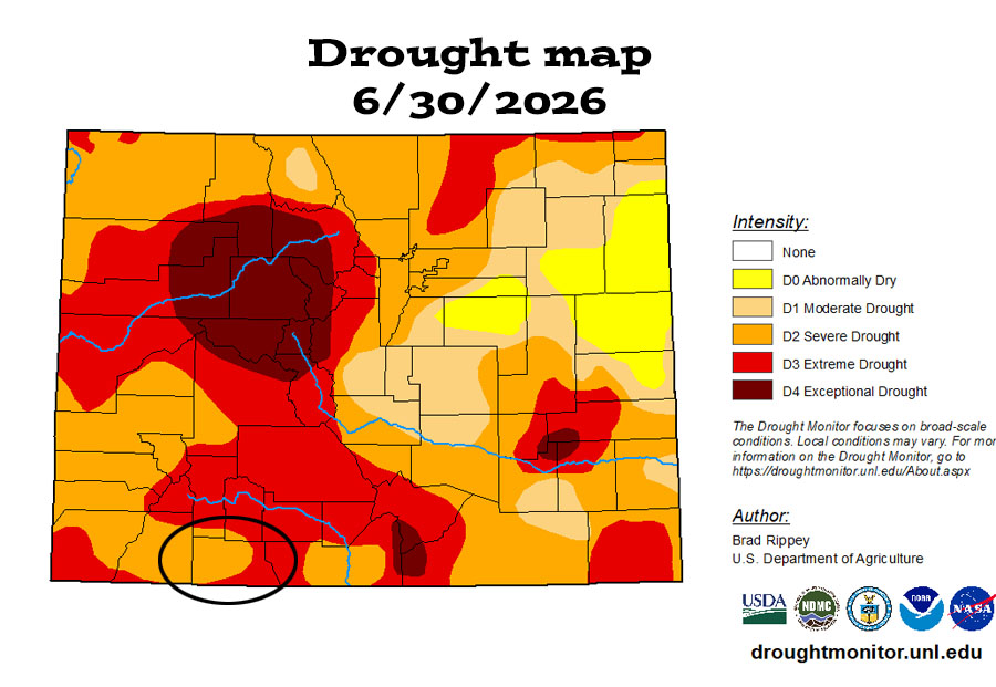 The current drought map shows Archuleta County split between “severe” and “extreme” drought conditions.