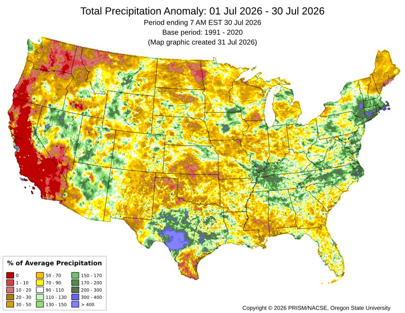 July mean precip anomalies – precip varied considerably across Archuleta County from 50% of average to nearly 170% of average.