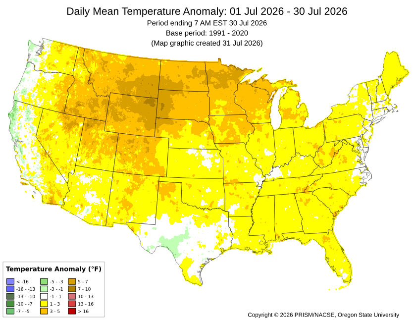 July mean temperature anomalies across much of Archuleta County were 1-5 degrees above average.