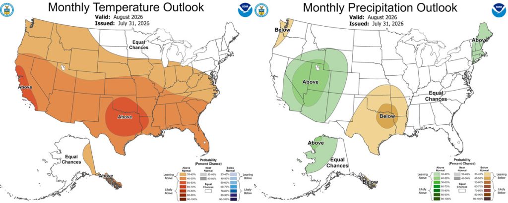 The CPC temp outlook for August on the left shows a 40-50% chance for above average temps.
The precip outlook on the right shows a 33-40% chance for above  average precip.