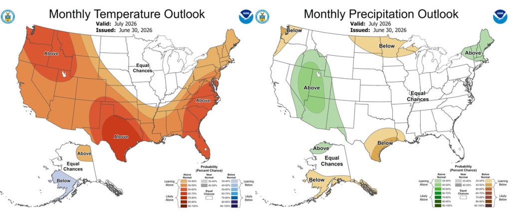 Pagosa Weather JUNE SUMMARY & July Outlook 8 The CPC temp outlook for July on the left shows a 40-50% chance for above average temps.
The precip outlook on the right shows "equal chances" for average precip.